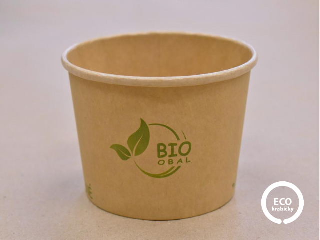 Bio papierová miska hnědá na polievku 500 ml (16 oz), viečko zvlášť