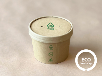 Bio papierová miska hnedá – PLASTIC FREE (8 oz) 360 ml, viečko zvlášť