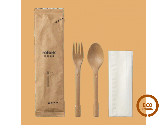 REFORK kompostovateľný set vidlička, lyžica a obrúsok 17,2 cm